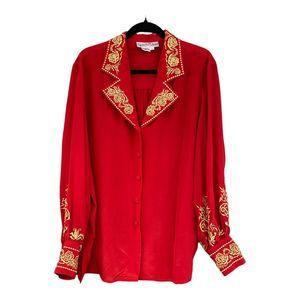Vintage Diane Von Furstenberg Red Silk Blouse with Gold Embroidery size L